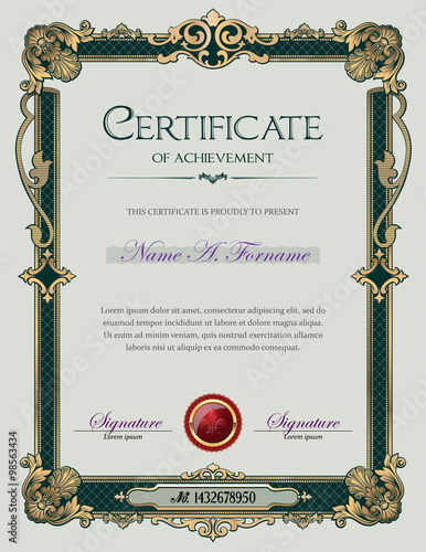 Certificate of Achievement Portrait with Antique Vintage Ornament Frame 