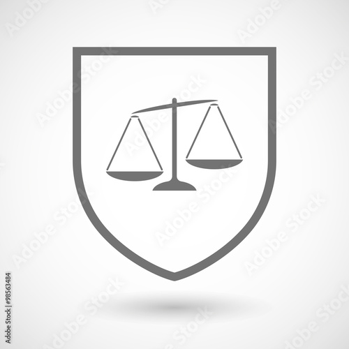 Line art shield icon with  an unbalanced weight scale