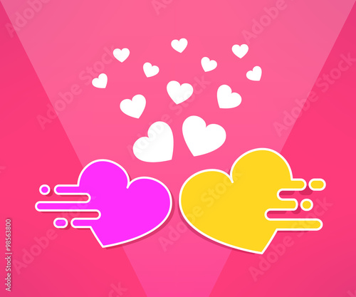 Vector mooving hearts background in modern flat design. Happy valentines day romance design. Couple and match concept