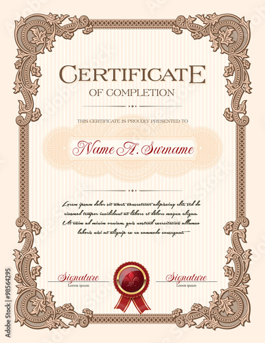 Certificate of Completion Portrait with Floral Ornament Vintage Frame 