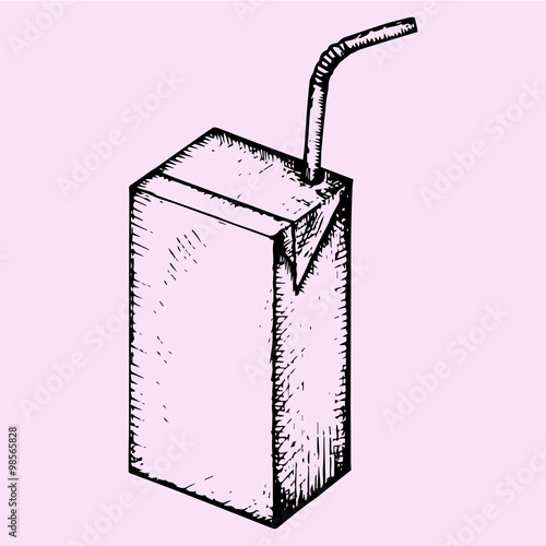 blank drink box, packaging, juice, milk, yogurt, milk with drinking straws, doodle style, sketch illustration