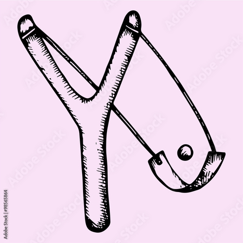 Wooden catapult slingshot, doodle style, sketch illustration