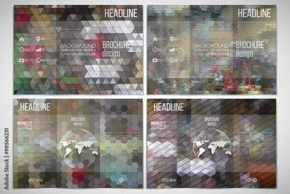 Vector set of tri-fold brochure design template on both sides with world globe element. Abstract multicolored backgrounds. Geometrical patterns. Triangular and hexagonal style Vector set of tri-fold brochure design template on both sides with world globe element. Abstract multicolored backgrounds. Geometrical patterns. Triangular and hexagonal style