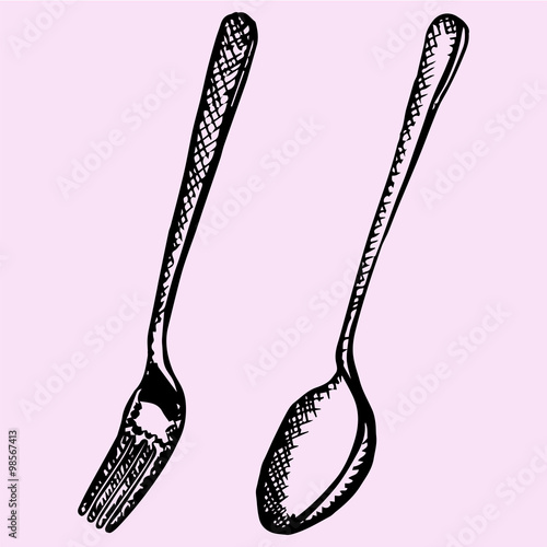 Fork and spoon. Doodle style, sketch illustration.