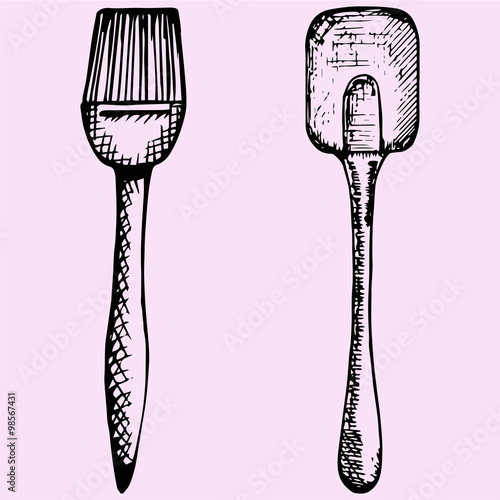 silicone brush for baking and cooking and spatula doodle style, sketch illustration
