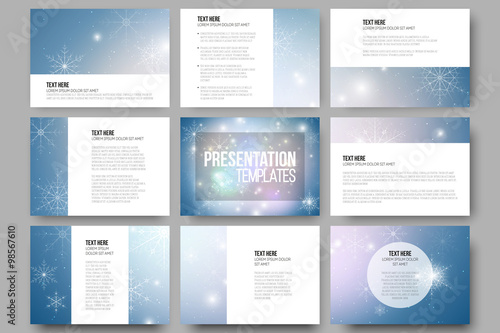 Set of 9 templates for presentation slides. Blue abstract winter background. Christmas vector style with snowflakes