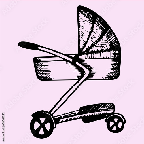 Baby pram, doodle style, sketch illustration