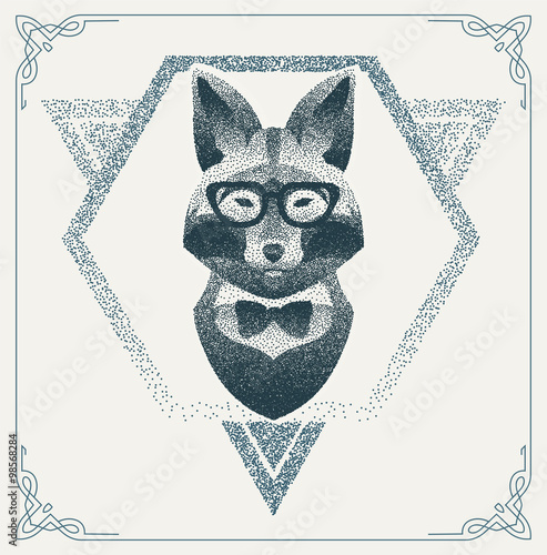 Halftone hipster fox with black Dots. Vector Illustration.