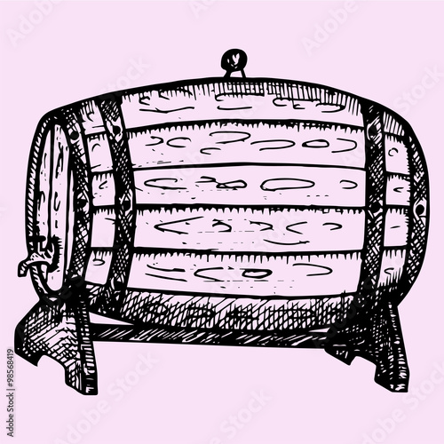 wooden whiskey, beer, rum, wine barrel with tap, hand drawn, doodle style, sketch illustration