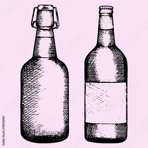 set bottle of beer, hand drawn, doodle style, sketch illustration