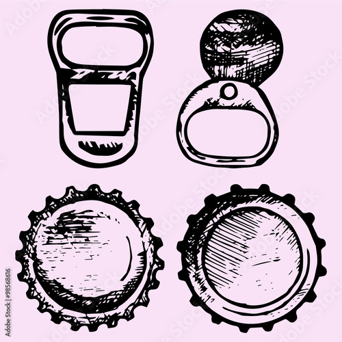 set of bottle caps, metal ring pull, doodle style, sketch illustration