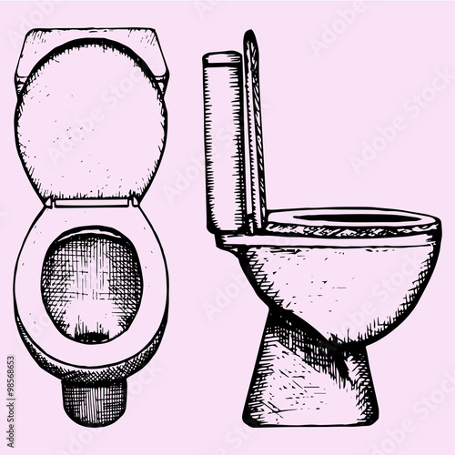 set ceramic toilet bowl in bathroom, hand drawn, doodle style, sketch illustration