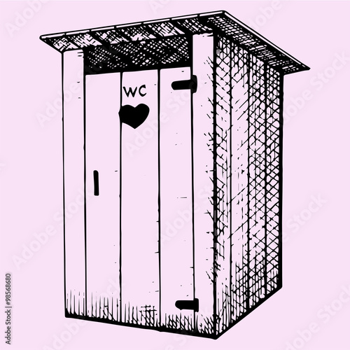 rural wooden outdoors toilet, hand drawn, doodle style, sketch illustration
