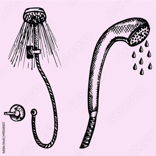 set of shower head with flowing water, doodle style, sketch illustration
