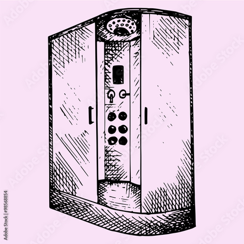 shower cubicle with glass doors, doodle style, sketch illustration
