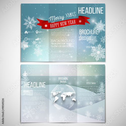 Vector set of tri-fold brochure design template on both sides with world globe element. Merry Christmas and happy New Year vector background