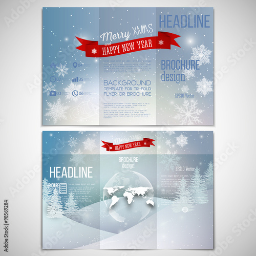 Vector set of tri-fold brochure design template on both sides with world globe element. Merry Christmas and happy New Year vector background