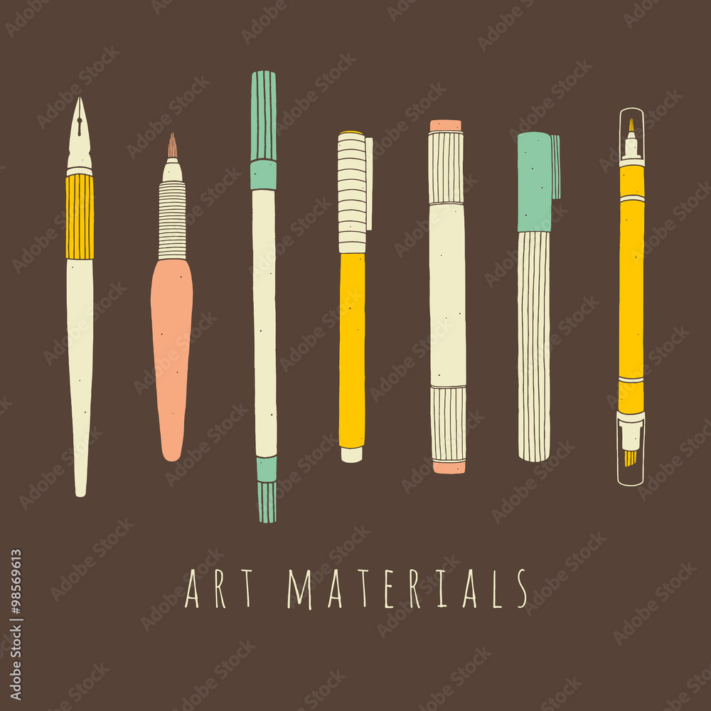 Set of art materials for drawing. Hand drawn vector illustrations of art supplies Stock Vector
