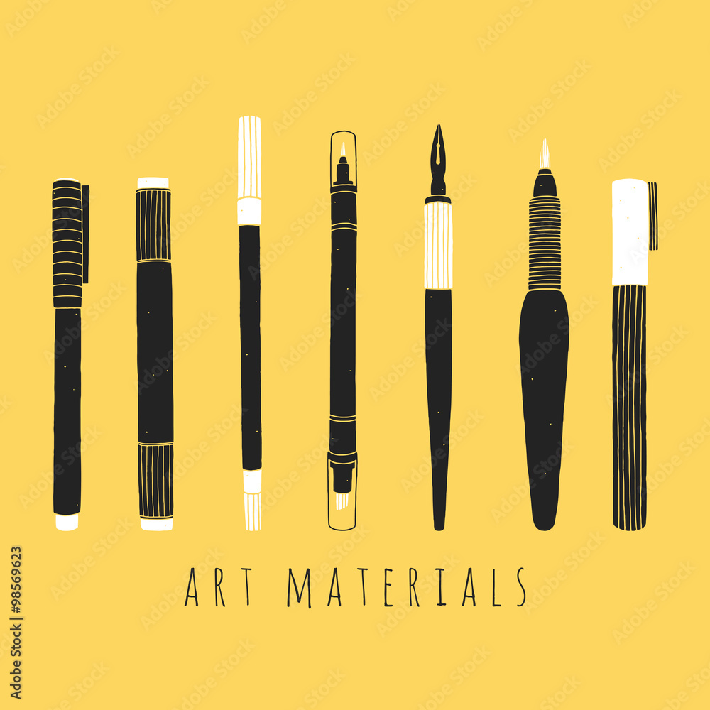 Set of art materials for drawing. Hand drawn vector illustrations of art supplies Stock Vector