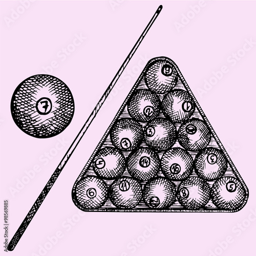 Set of billiard balls in triangle, billiard ball and cue, doodle style, sketch illustration, hand drawn, vector