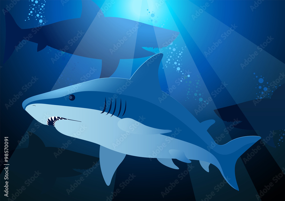 Obraz premium Shark swimming under the sea with sunlight
