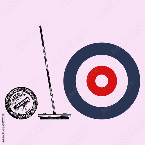 Curling game element set, doodle style, sketch illustration, hand drawn, vector