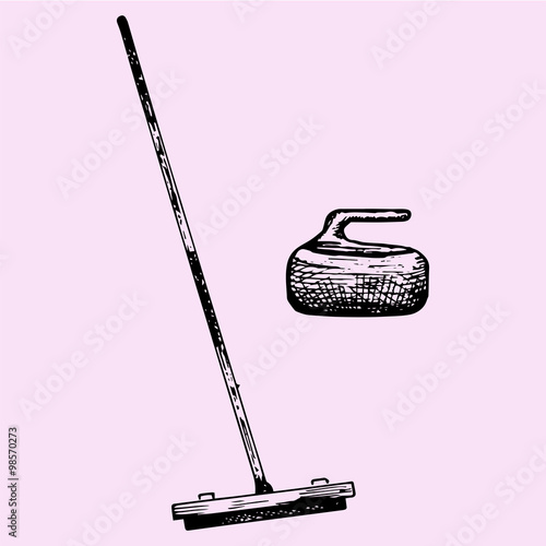 Curling broom and stone, doodle style, sketch illustration, hand drawn, vector