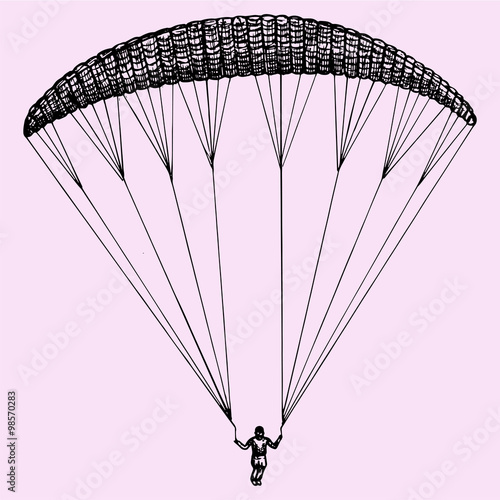 Paragliding, parachute, extreme sport, doodle style, sketch illustration, hand drawn, vector