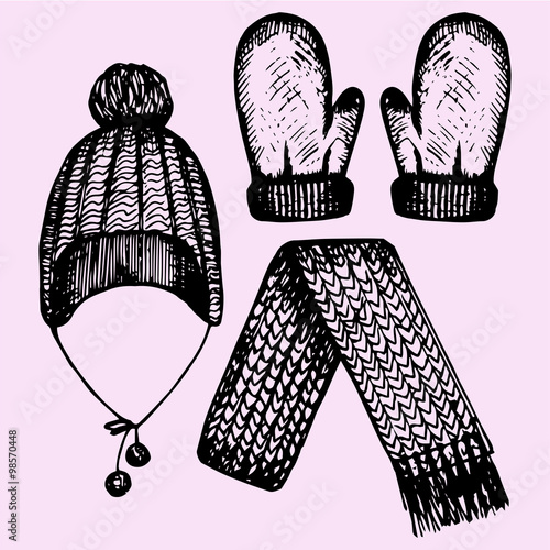 winter clothing: hat with ear flaps, gloves and scarf, doodle style, sketch illustration, hand drawn, vector