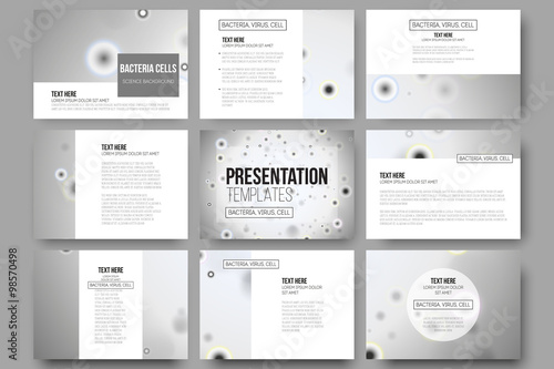 Set of 9 vector templates for presentation slides. Molecular research, cells in gray, science background