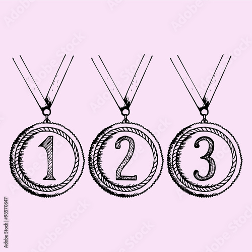 Set of gold, silver and bronze medals with Ribbon, doodle style, sketch illustration, hand drawn, vector