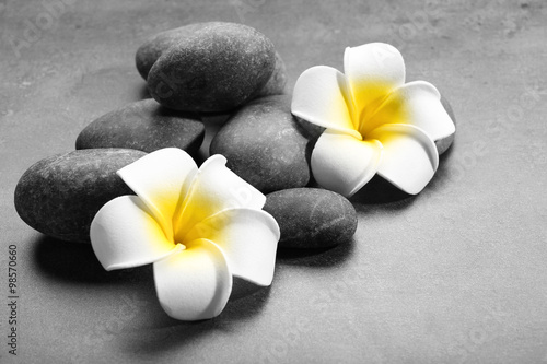 Hot spa stones with flowers on grey background  close-up