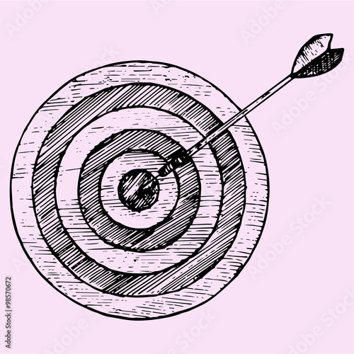 Arrow hitting the center of target, doodle style, sketch illustration, hand drawn, vector