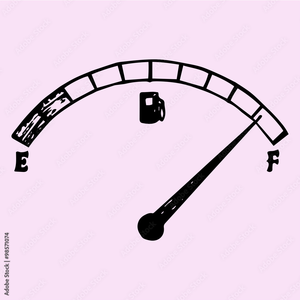fuel indicator, gas gauge (gas tank, gas gage, fuel gauge), doodle style, sketch illustration