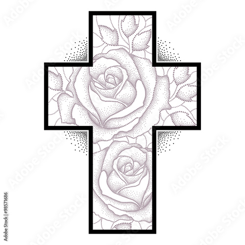 Latin cross with dotted rose flower and leaves isolated on white background. Sketch of symbolic tattoo with floral elements in dotwork style.