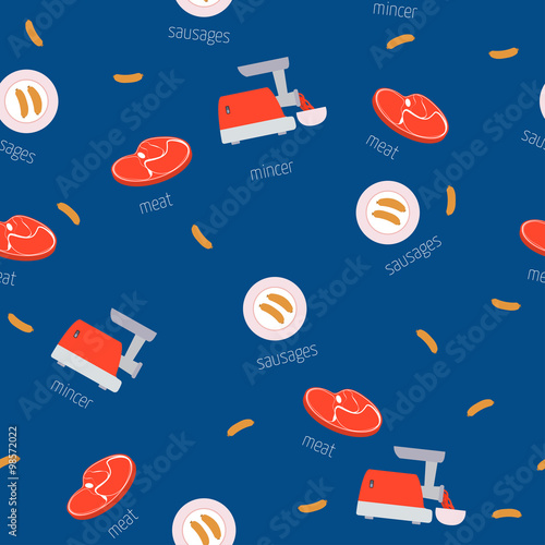 Vector image of an electric mincer and meat. Seamless pattern