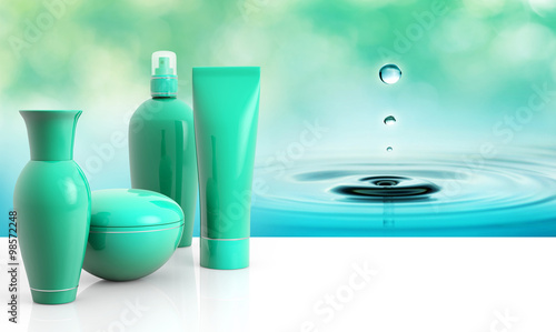 set of skin creams and water droplet