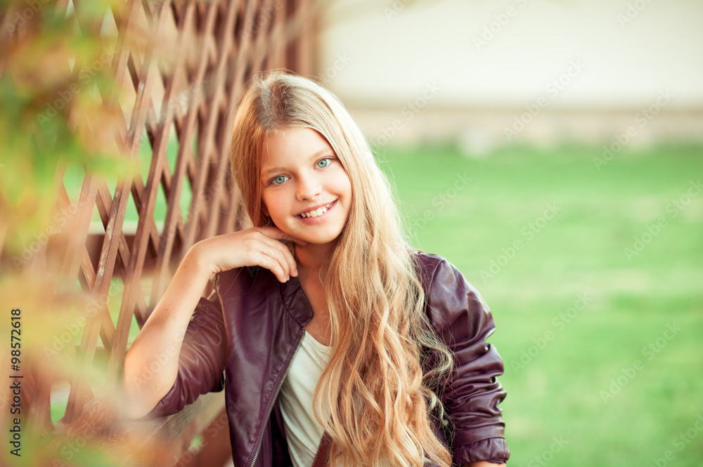 Smiling Blonde Teen Girl 12 14 Year Old Posing Outdoors Looking At