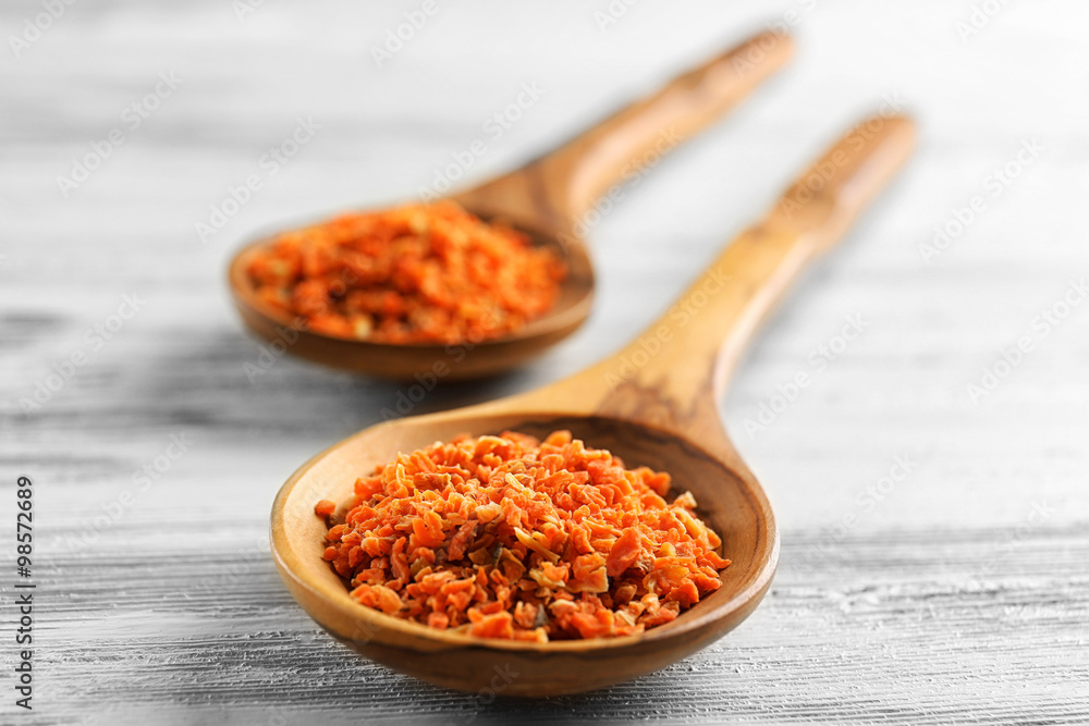 Two wooden spoons with spice on the table, close-up Two wooden spoons with spice on the table, close-up