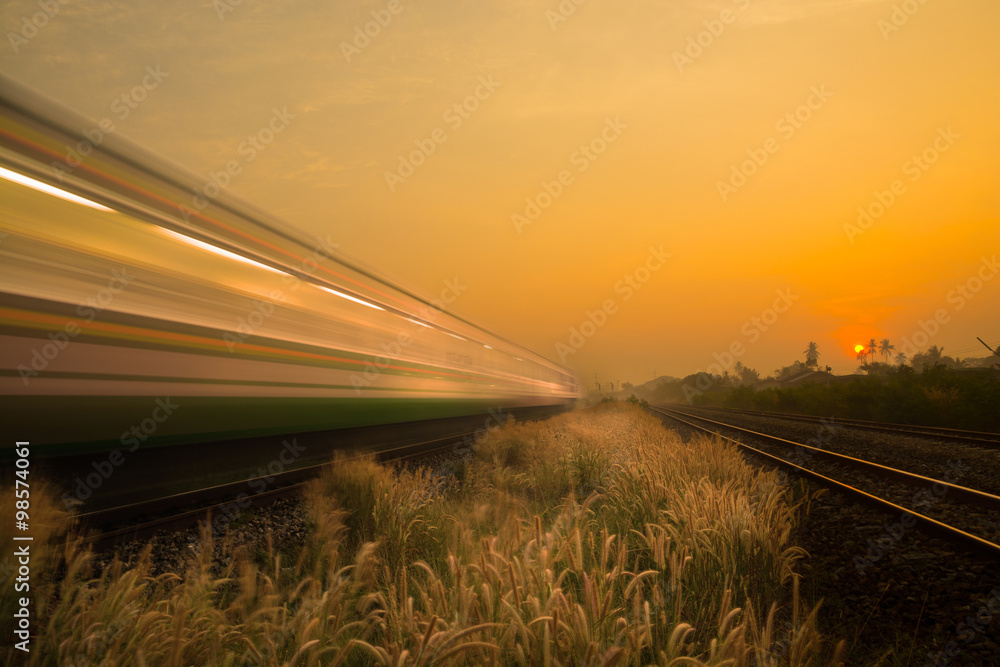 Fototapeta premium Train Passing by over Rural Railway Bridge in the Morning or at