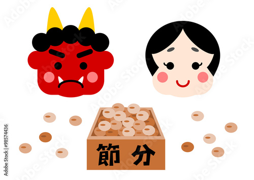 節分のイラスト: 鬼とおたふくと豆