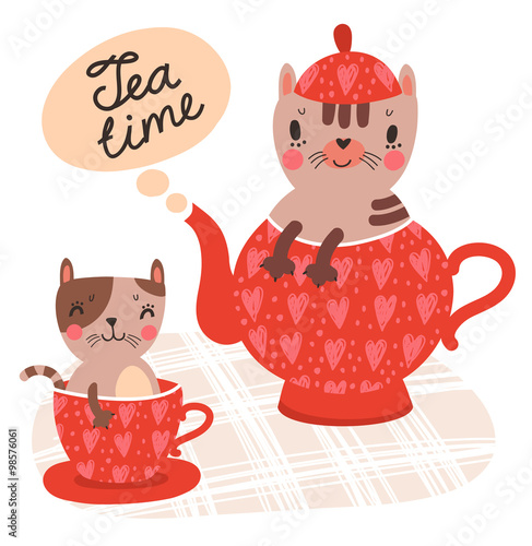 Cute cartoon cat with cup of tea