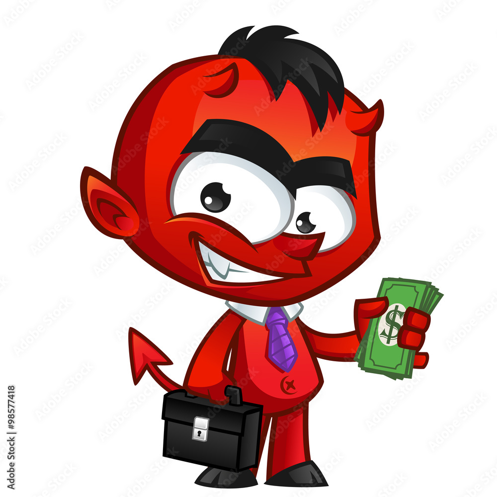 Obraz premium Diablo con cartera de negocios y varios billetes en una mano