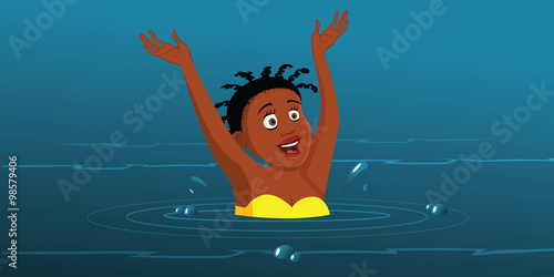 cartoon vector illustration of a girl swimming in panic
