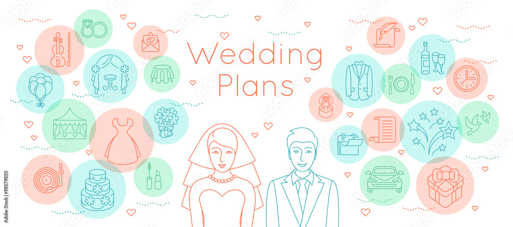 Wedding plans thin line flat vector background. Modern horizontal linear illustration of bride and groom with outline icons of wedding party preparation. Infographic design element