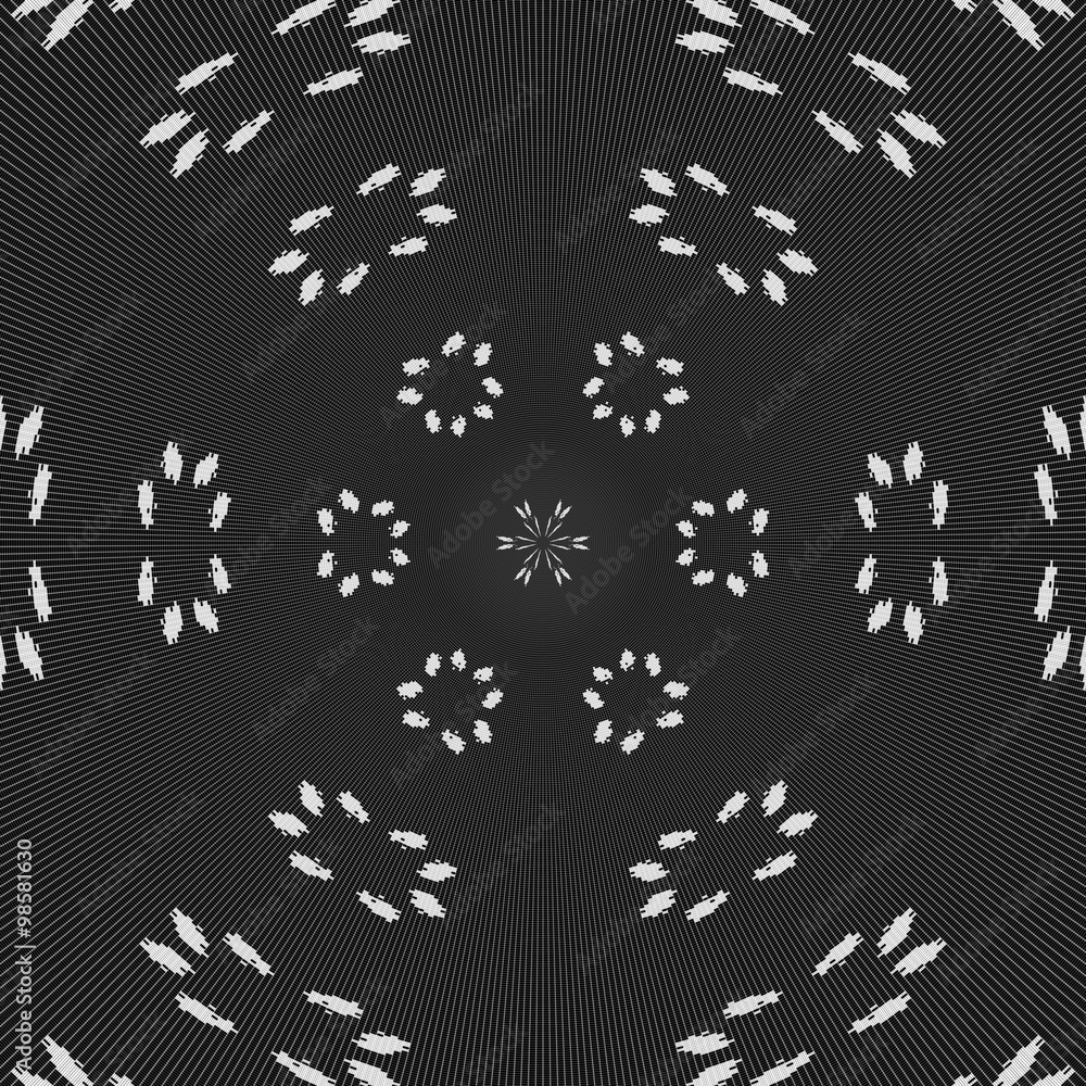 Regular black and white curtain pattern aligned in eggs. Halftone rich pattern illustration. Abstract fractal black and white background
