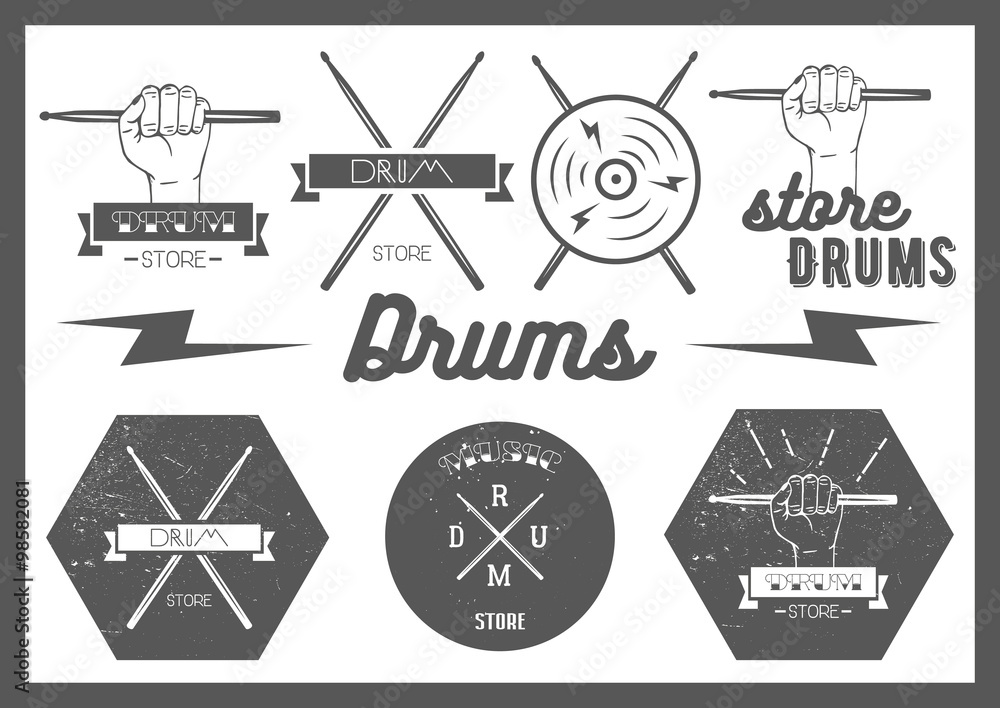 Vector set of vintage style drums labels, emblems and logo. Music