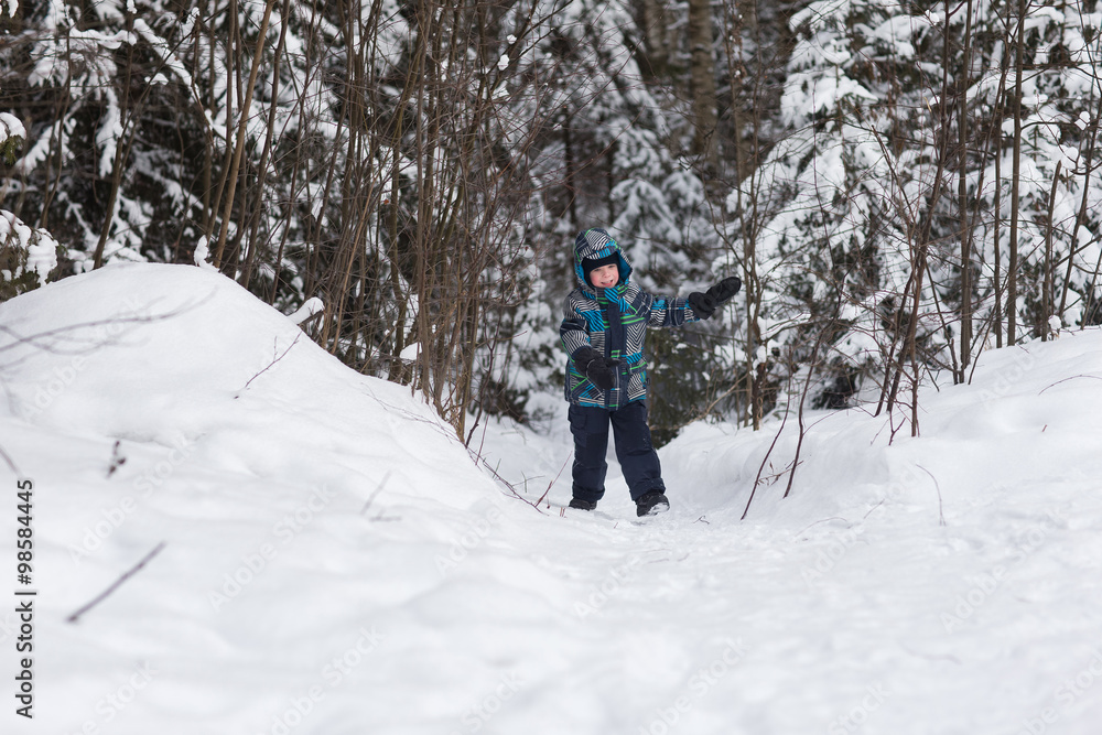 Cheerful boy walks in the winter woods