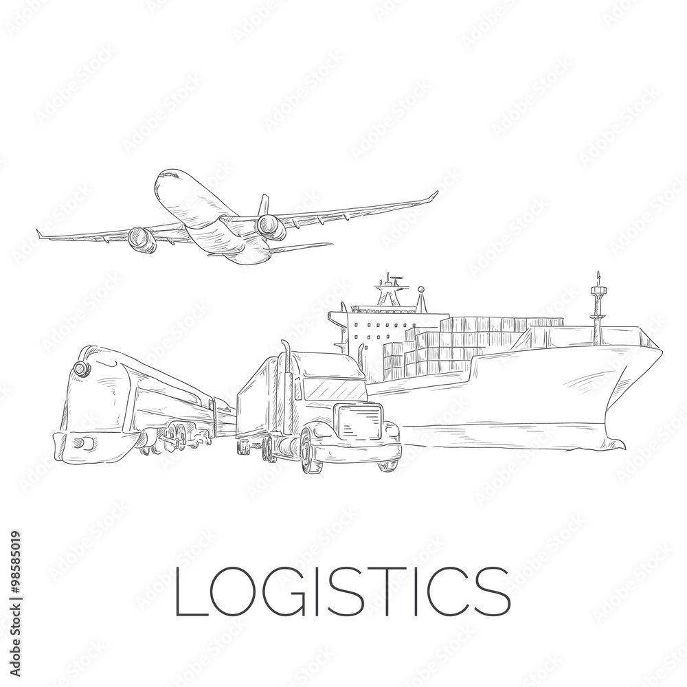 Logistics sign with plane, truck, container ship and train sketchy vector illustration