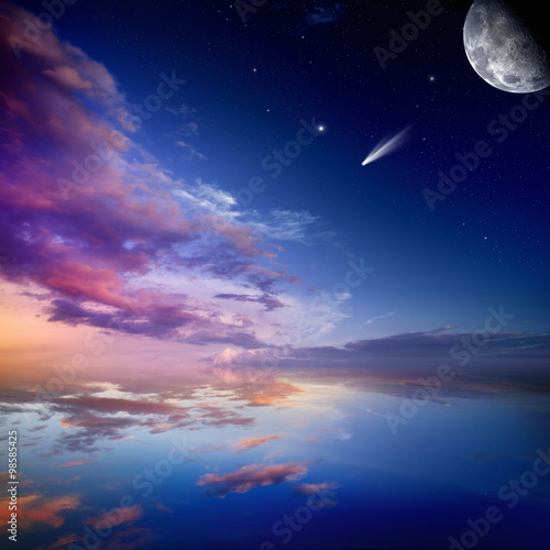 Pink sunset with moon and comet